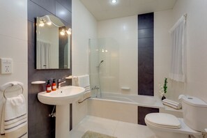 Combined shower/bathtub, hair dryer
