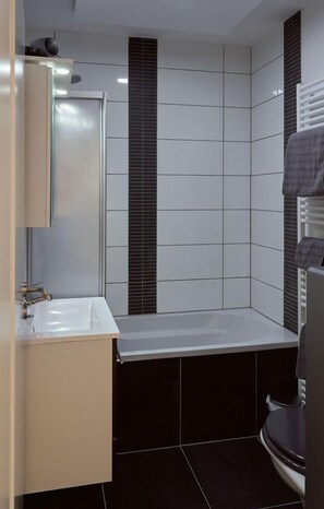 Combined shower/tub, hair dryer, towels, soap