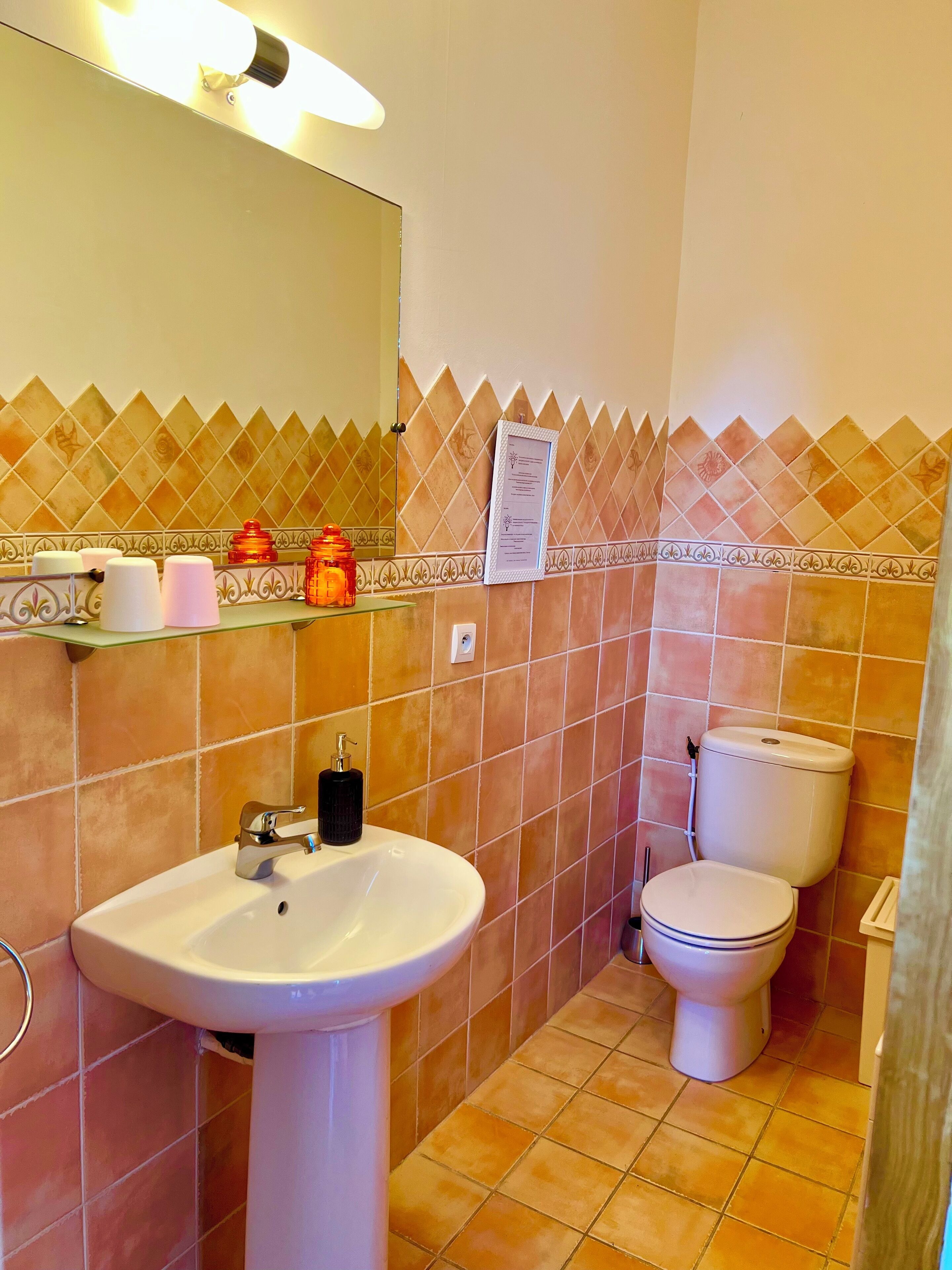 Une salle de bain avec un lavabo blanc, des toilettes et une étagère contenant des articles de toilette.