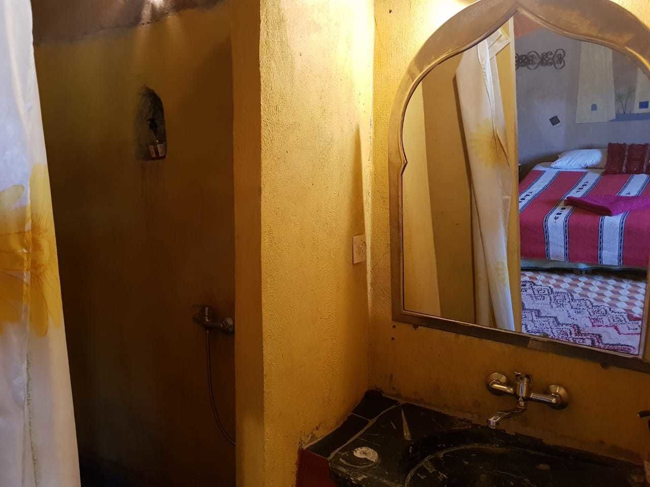 A bathroom with a shower, a sink, and a mirror reflecting a bed with patterned bedding.