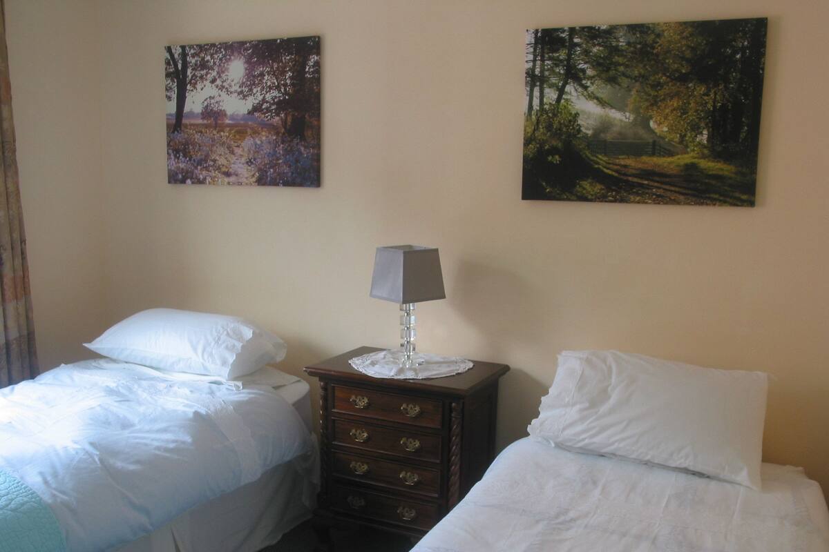 A hotel room with two single beds, a nightstand with a lamp, and two paintings on the wall.