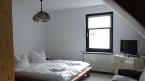 Un dormitorio con cama, ventana, televisor y sofá.