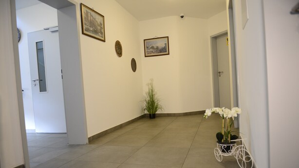 A hallway with a tiled floor, a potted plant, a bicycle planter with flowers, and framed pictures on the walls. - Pension und Monteurzimmer VICTORIA (Ludwigshafen)