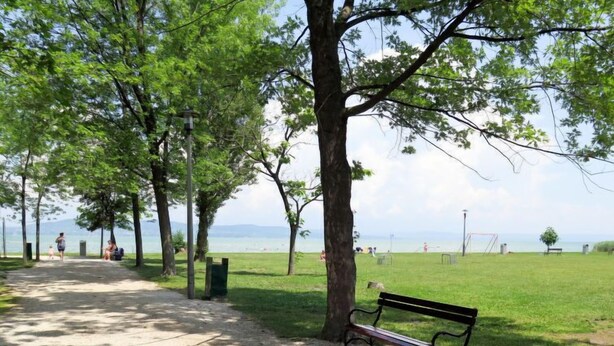 A park with a paved path, benches, and a grassy area with a view of the water.