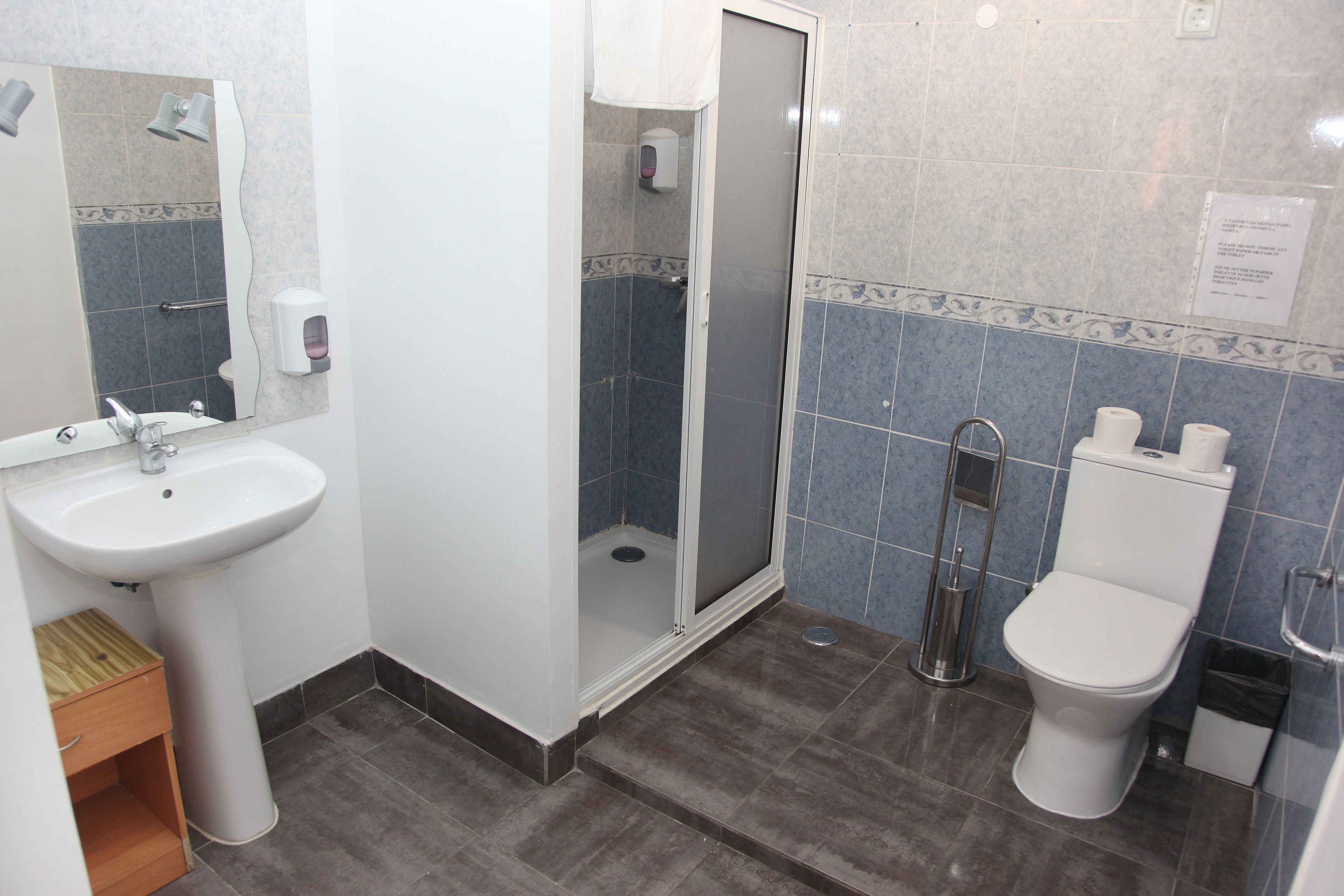 Et badeværelse med håndvask, toilet, brusebad og hårtørrer.