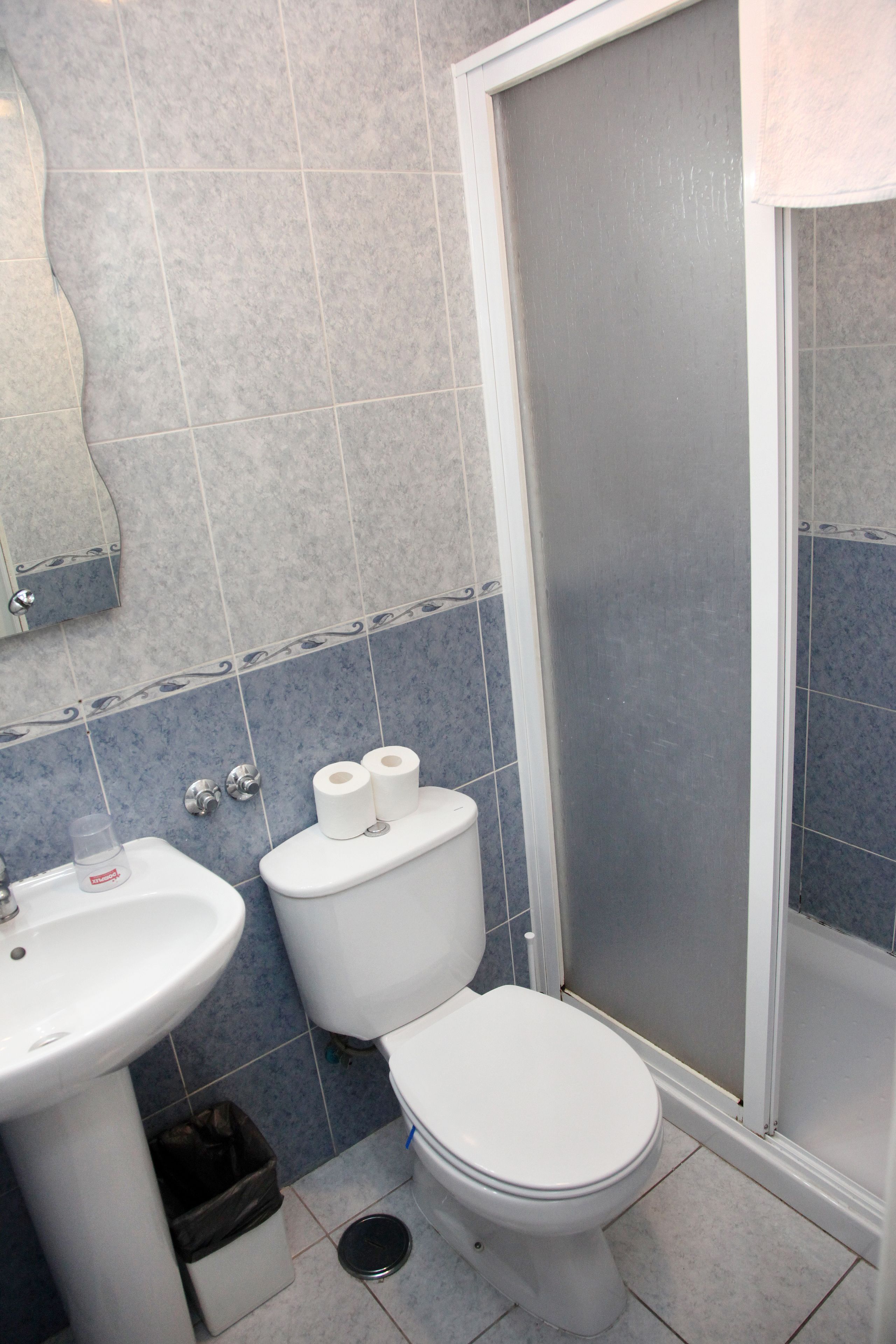 Une salle de bain comprenant un lavabo, des toilettes et un espace douche.
