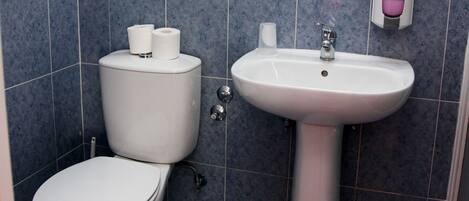 Une salle de bain avec des toilettes, un lavabo et un miroir.