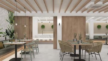 A modern interior with wooden beams, a dining area with wicker chairs, and a seating area with a sofa.