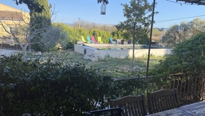 Un patio con piscina, sillones de descanso y una pérgola.