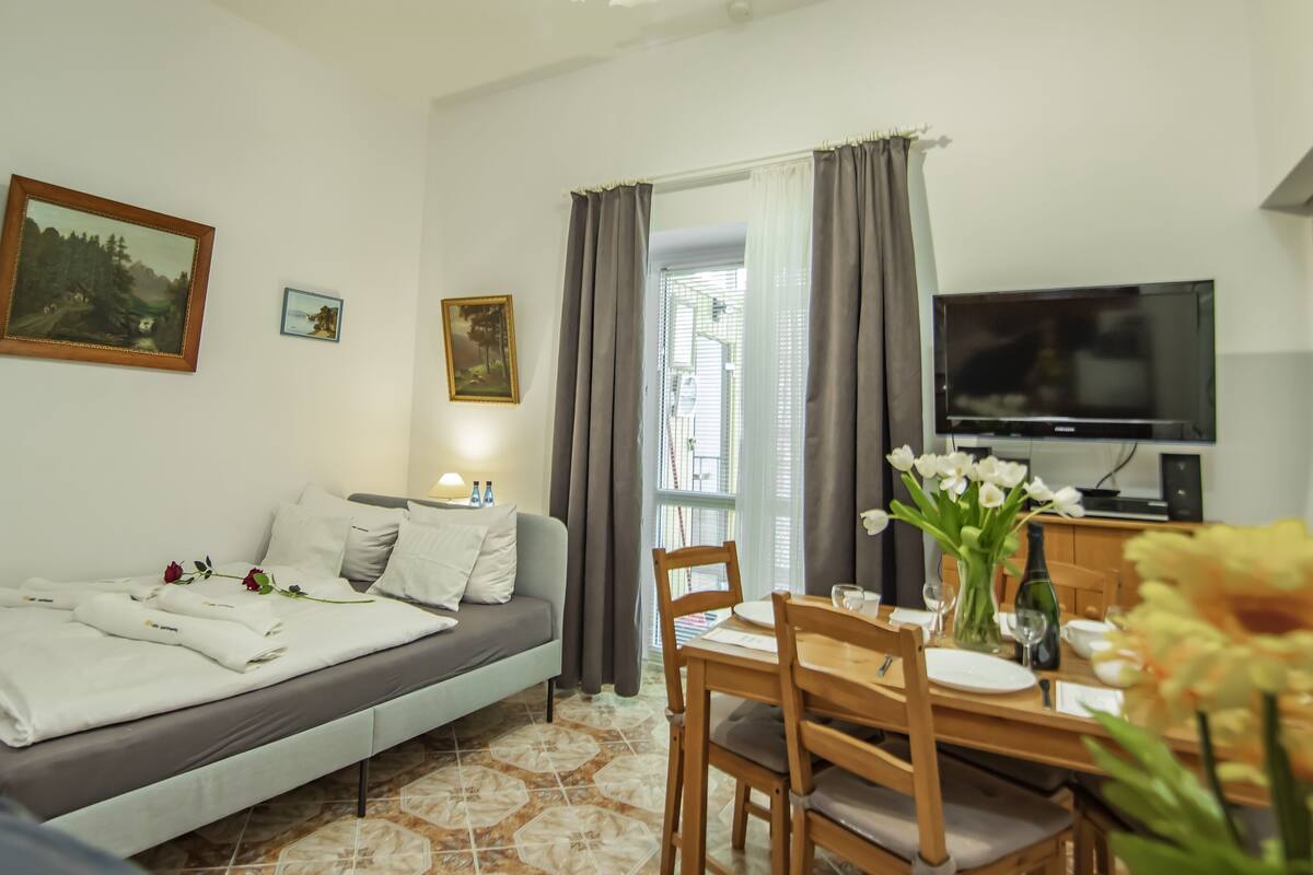 Een gezellige kamer met een bed, een televisie, een eettafel met stoelen en een raam met gordijnen.