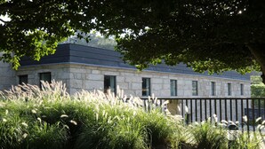 A stone building with a dark roof, surrounded by lush greenery and tall grasses. - Quinta das Lavandeiras - Caldas de Vizela (Vizela)