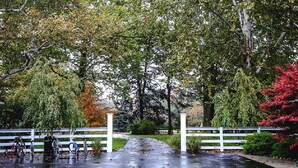 Ein Weg, der durch einen Park mit weißem Zaun, Bäumen und auf der linken Seite abgestellten Fahrrädern führt.