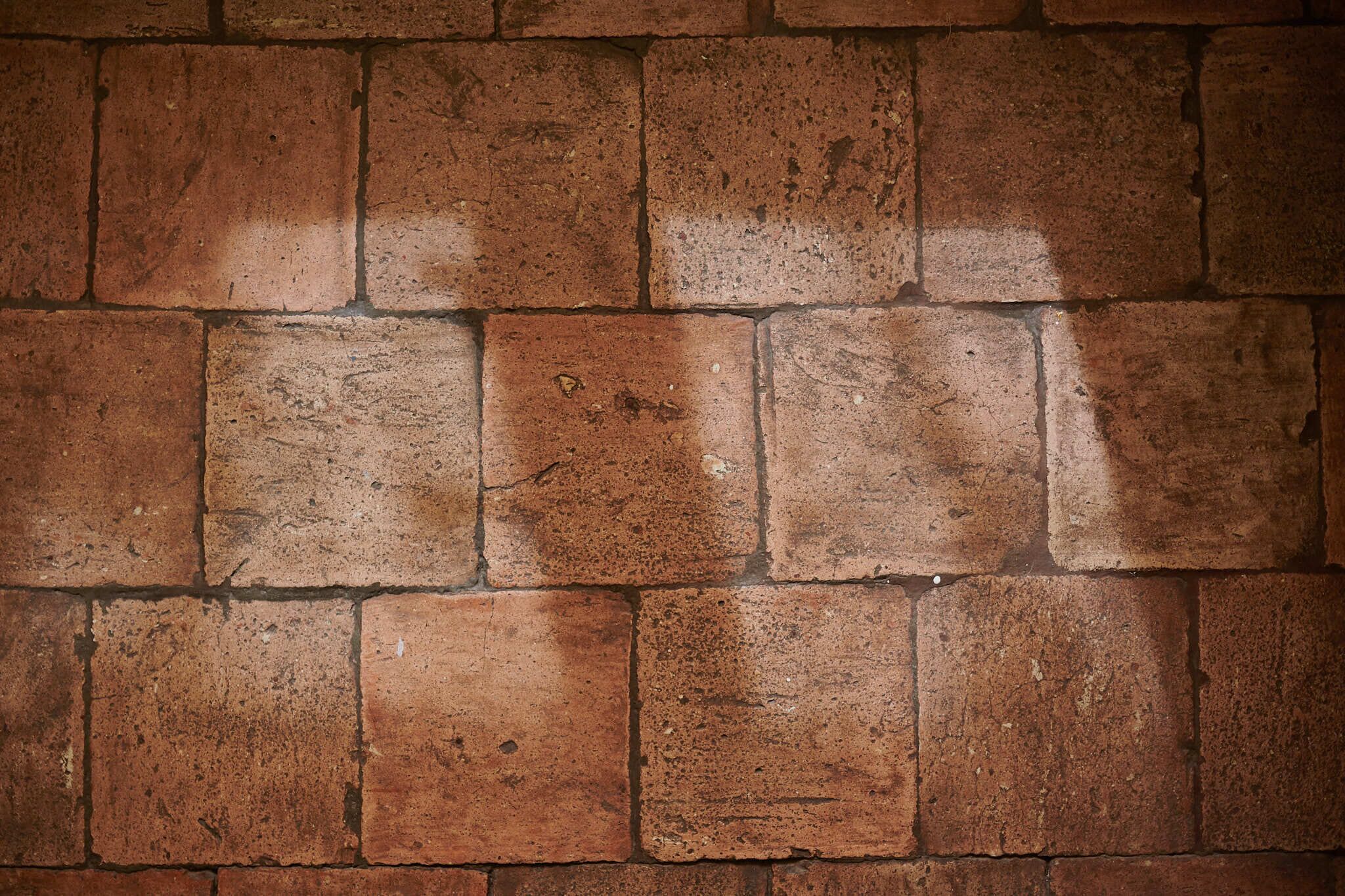 Un mur de briques présentant un motif uniforme et dépourvu de fenêtres ou de portes apparentes.