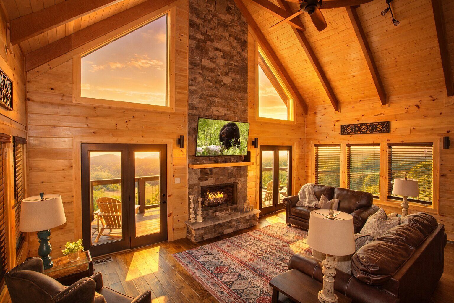 Télévision à écran plat, cheminée, jeux vidéo, lecteur de DVD