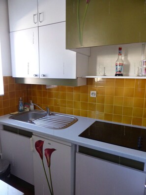 Fridge, microwave, stovetop, coffee/tea maker