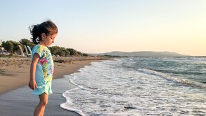 躺椅、遮陽傘、海灘浴巾、排球