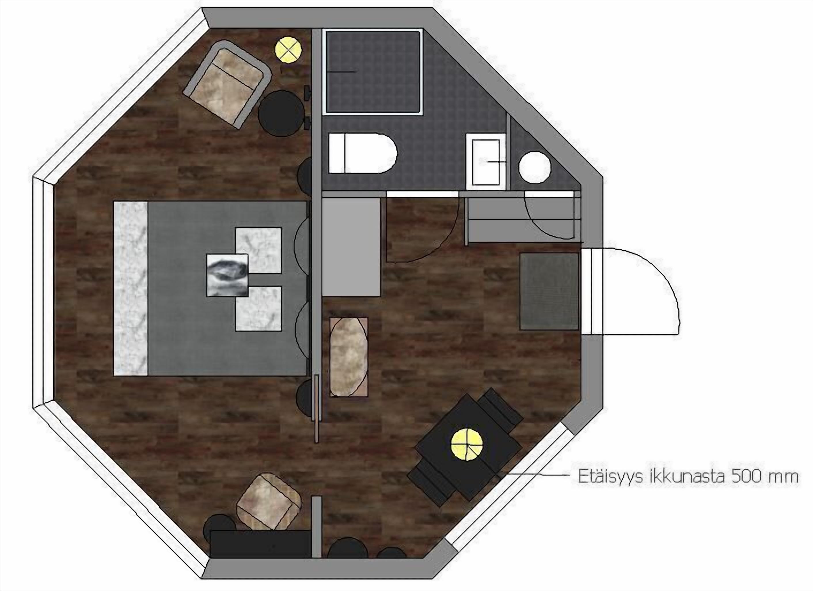 Een plattegrond van een achthoekige kamer met een zitgedeelte in het midden, een kleine keuken en een badkamer.