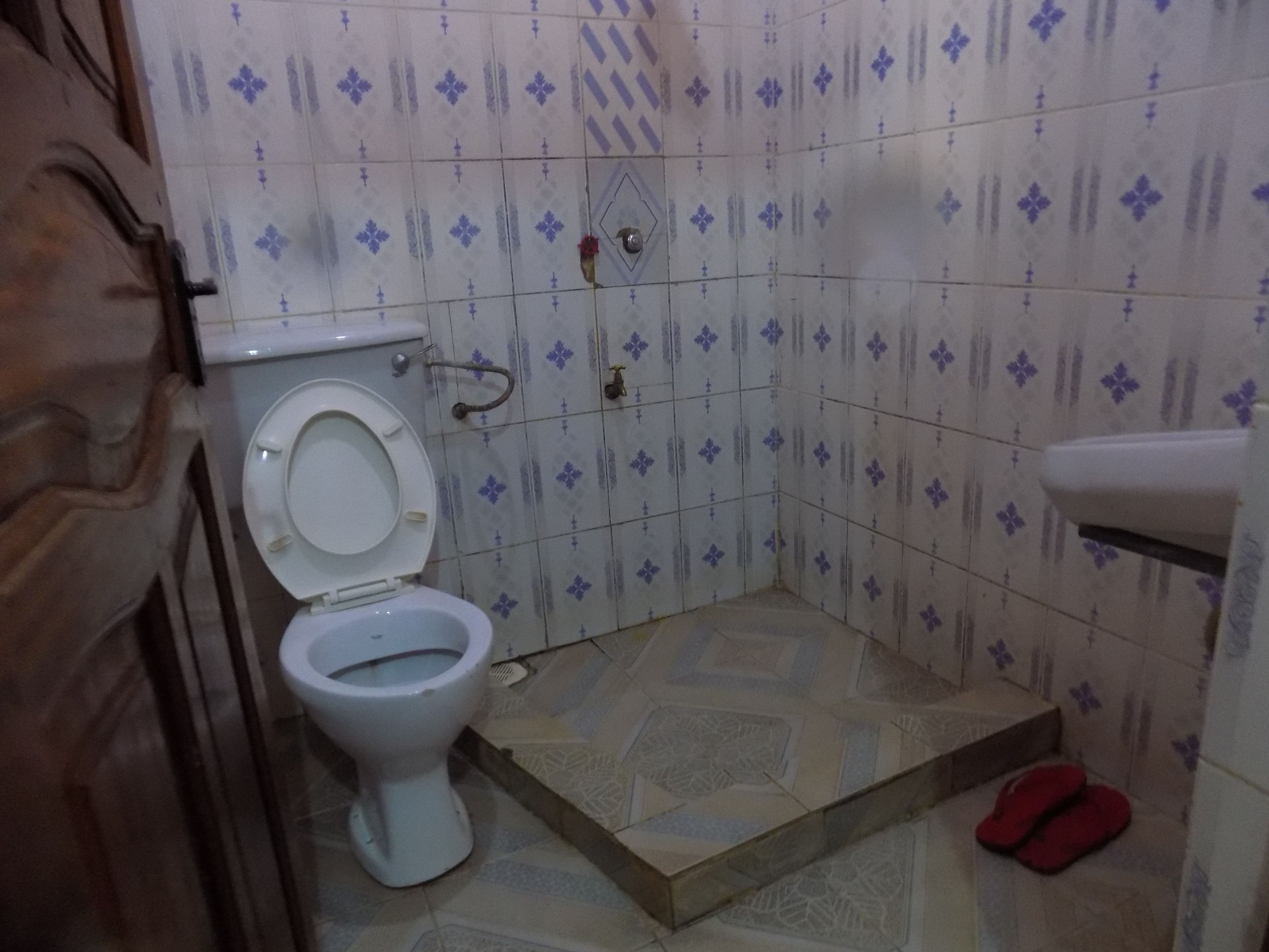 A bathroom with a toilet, shower, and tiled walls.