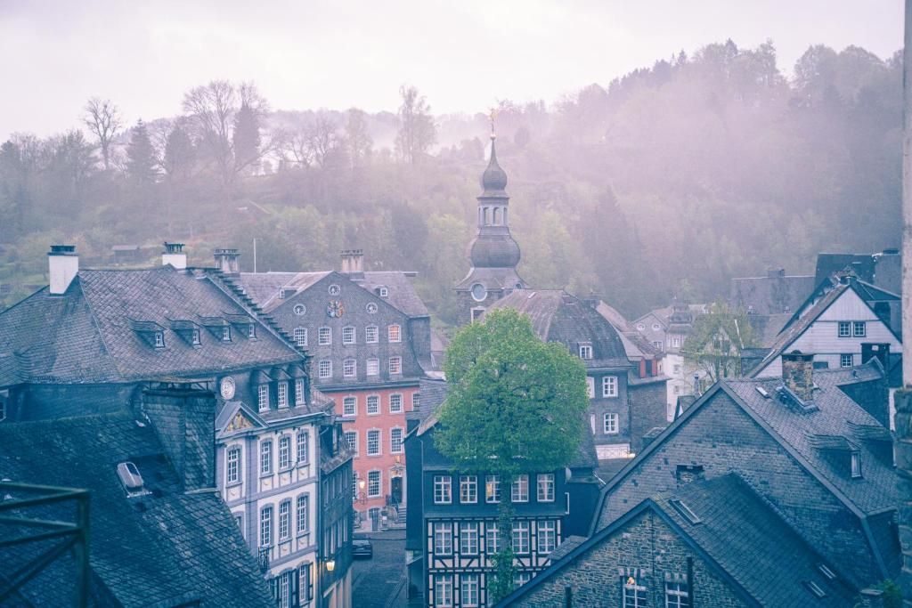 A historic town with traditional architecture, including half-timbered houses and a church with a prominent dome.