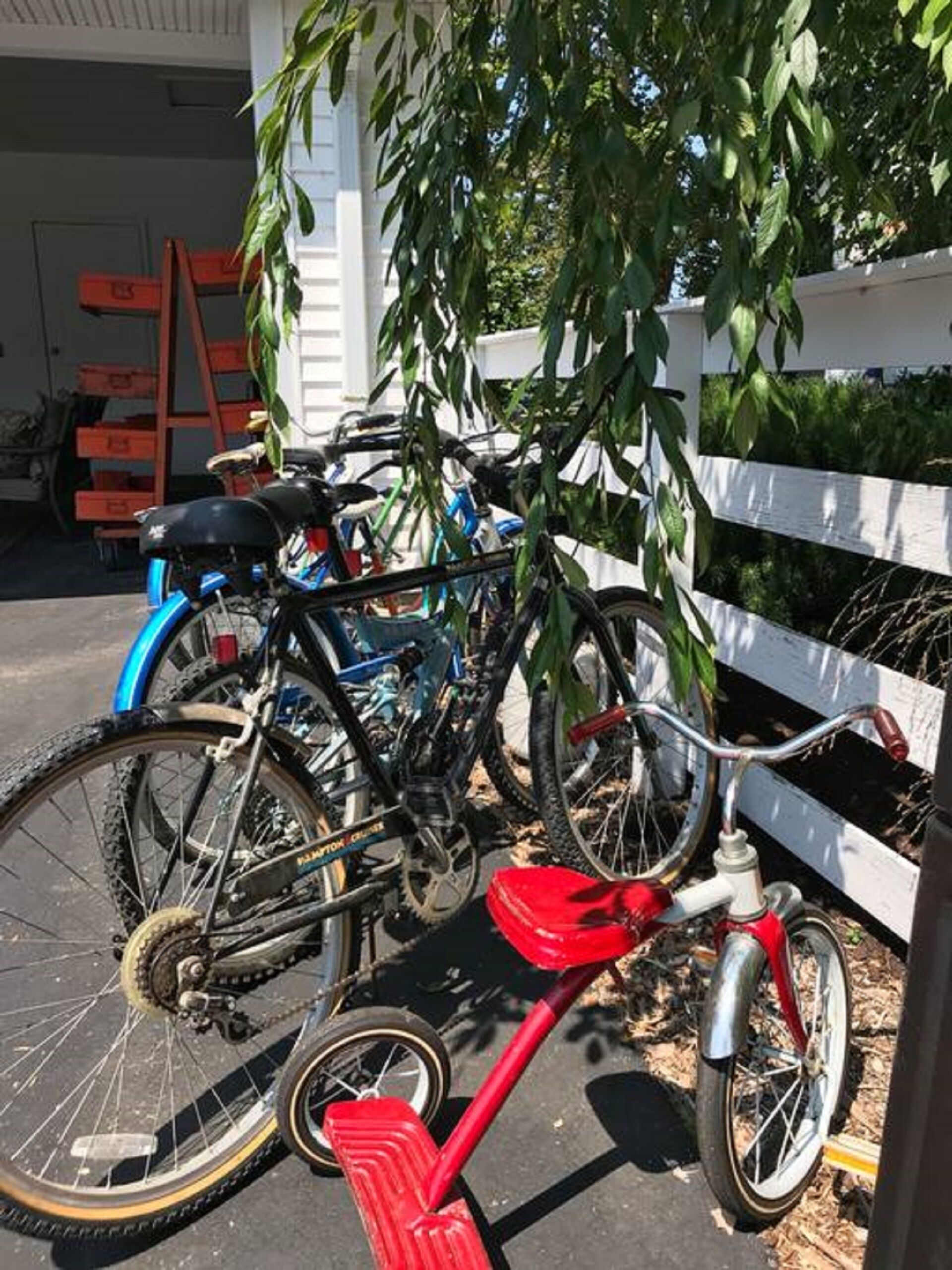 A bicycle parked in a covered area with a white fence and a tree in the background.
