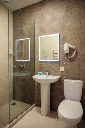 Shower, free toiletries, hair dryer, slippers