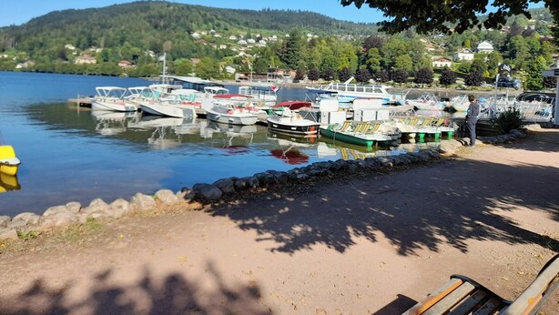 A lakeside marina with boats docked along the shore, surrounded by greenery and houses in the background. - Homerez - Studio in Gérardmer (Gérardmer)