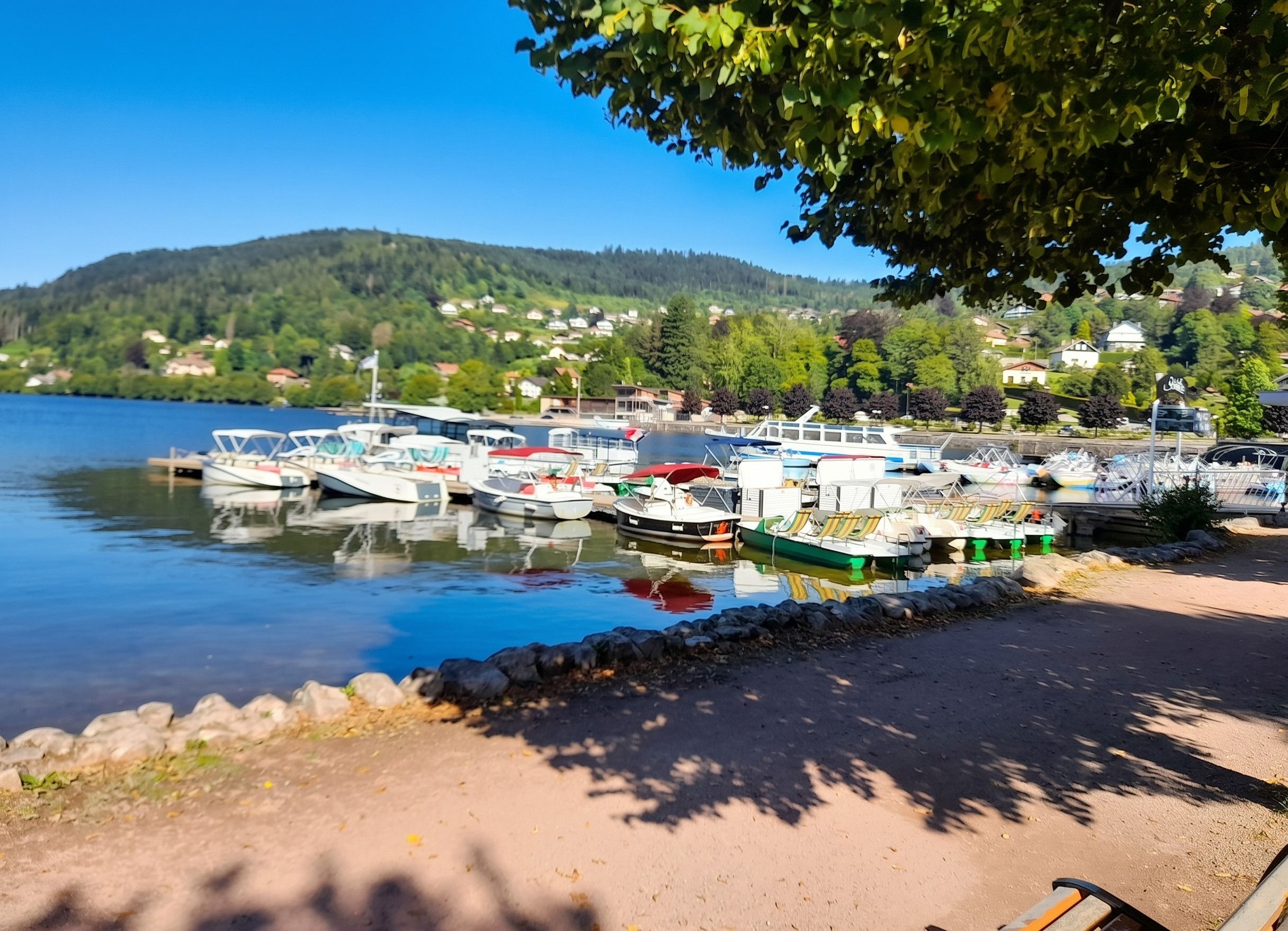 A marina with boats docked, a clear sky, and a hilly landscape in the background.