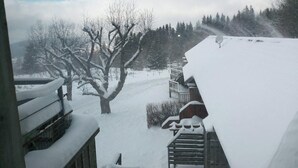 A snowy landscape with a wooden fence, a snow-covered tree, and a house with a sloped roof. - Homerez - Studio in Gérardmer (Gérardmer)