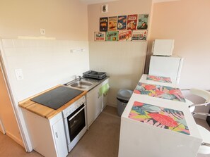 A compact kitchen with a stove, sink, and a refrigerator. - Homerez - Studio in Gérardmer (Gérardmer)