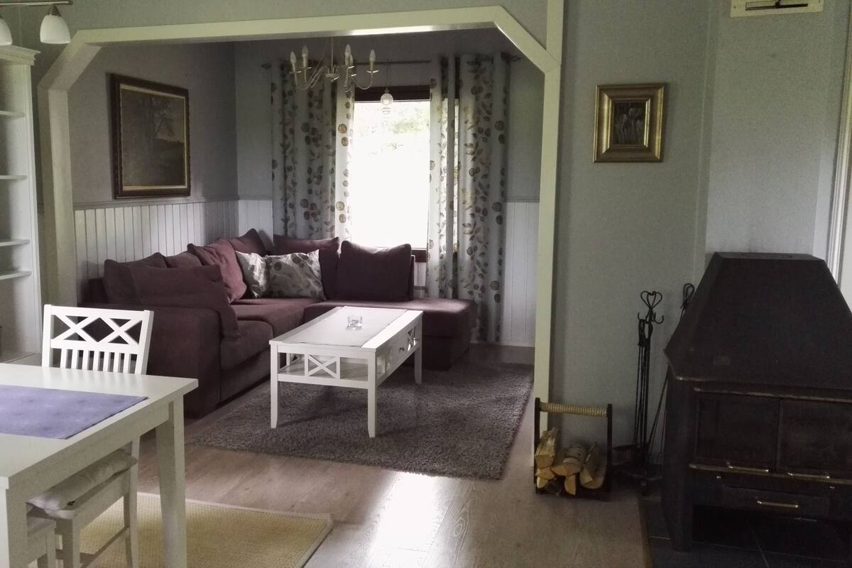 A living room with a sofa, a white coffee table, a fireplace, and a dining area with a table and chairs.