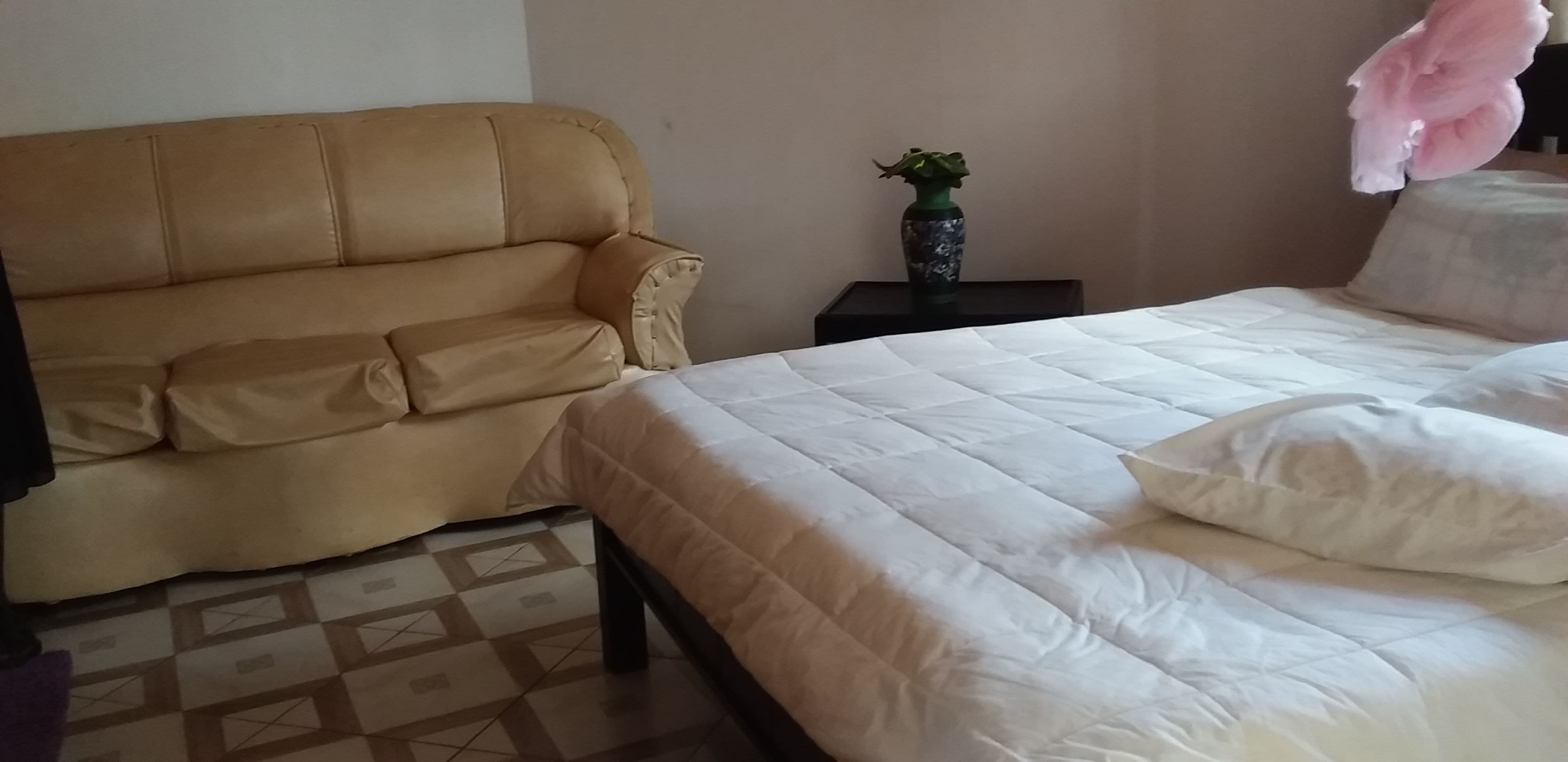 A bedroom with a beige sofa, a bed with white bedding, a small table with a vase, and a hanging pink fabric.