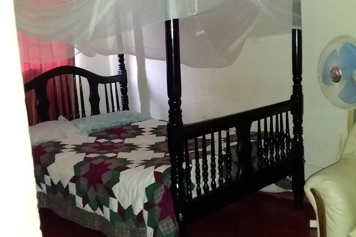 Une chambre à coucher avec un lit à baldaquin, un ventilateur de chevet et une chaise.