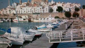 Un puerto deportivo con barcos amarrados, cielo despejado y un pueblo costero al fondo.