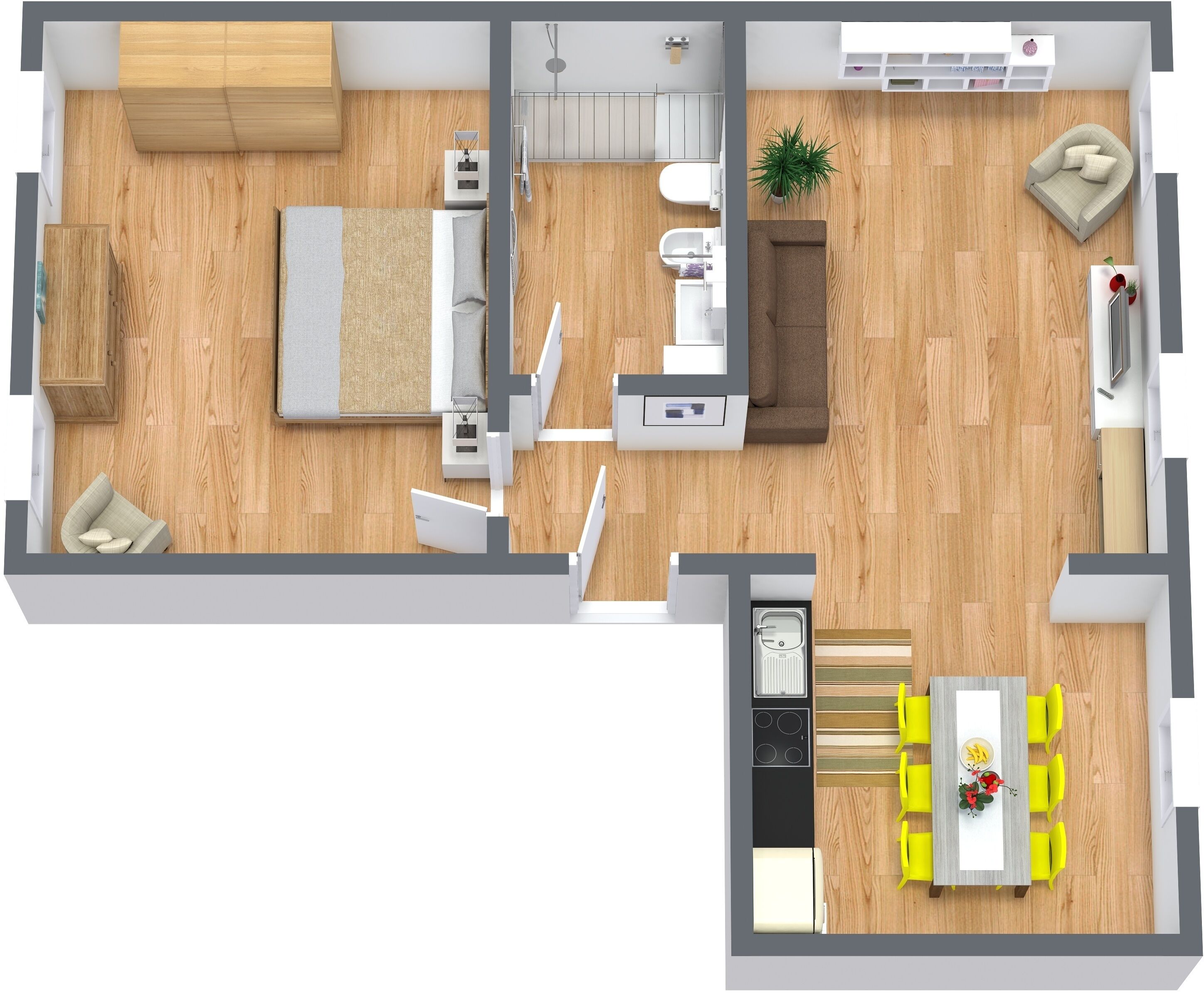 A modern apartment layout with a living room, kitchen, dining area, and a small bathroom.