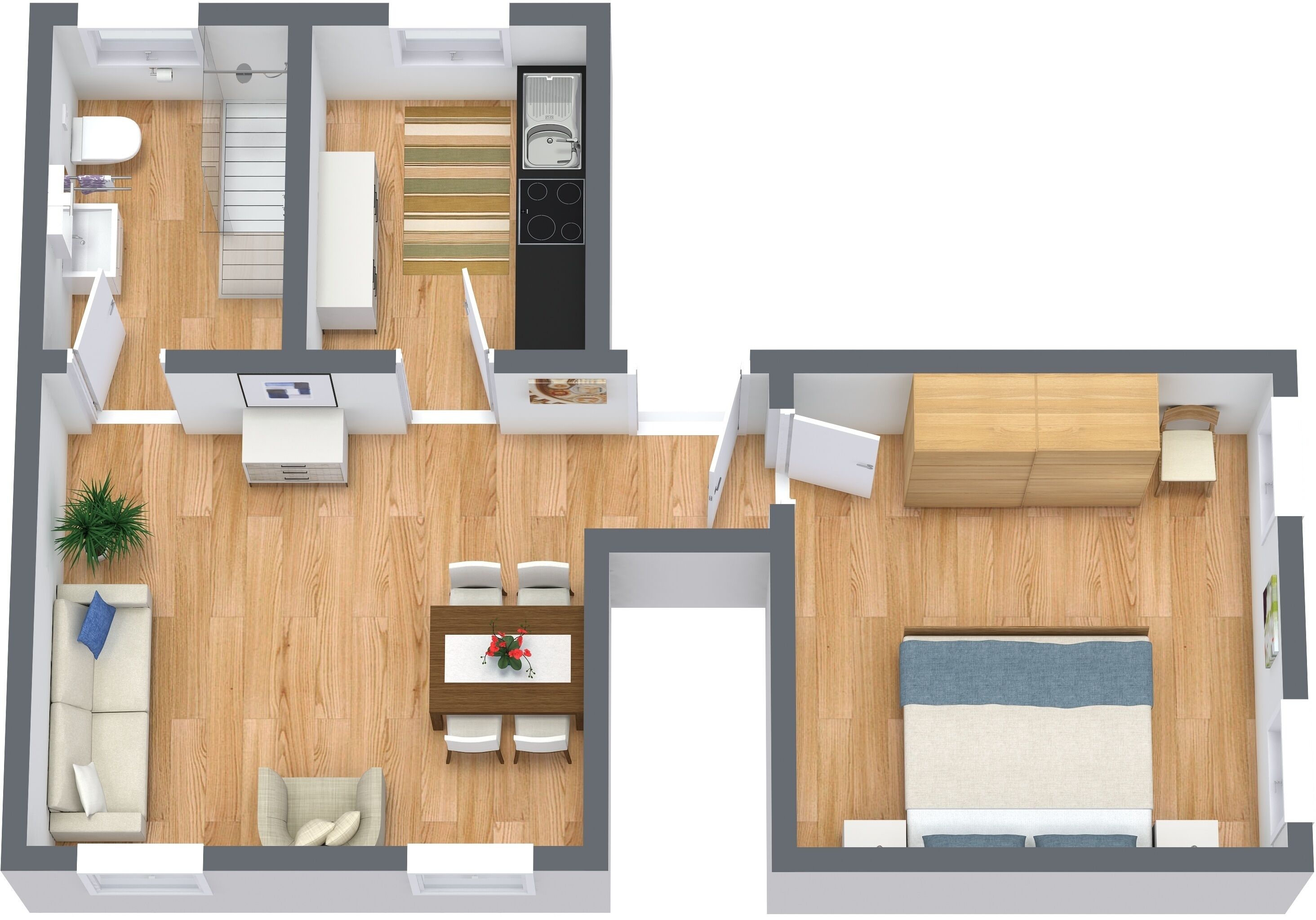 A two-bedroom apartment layout with a kitchenette, a dining area, and a living room.