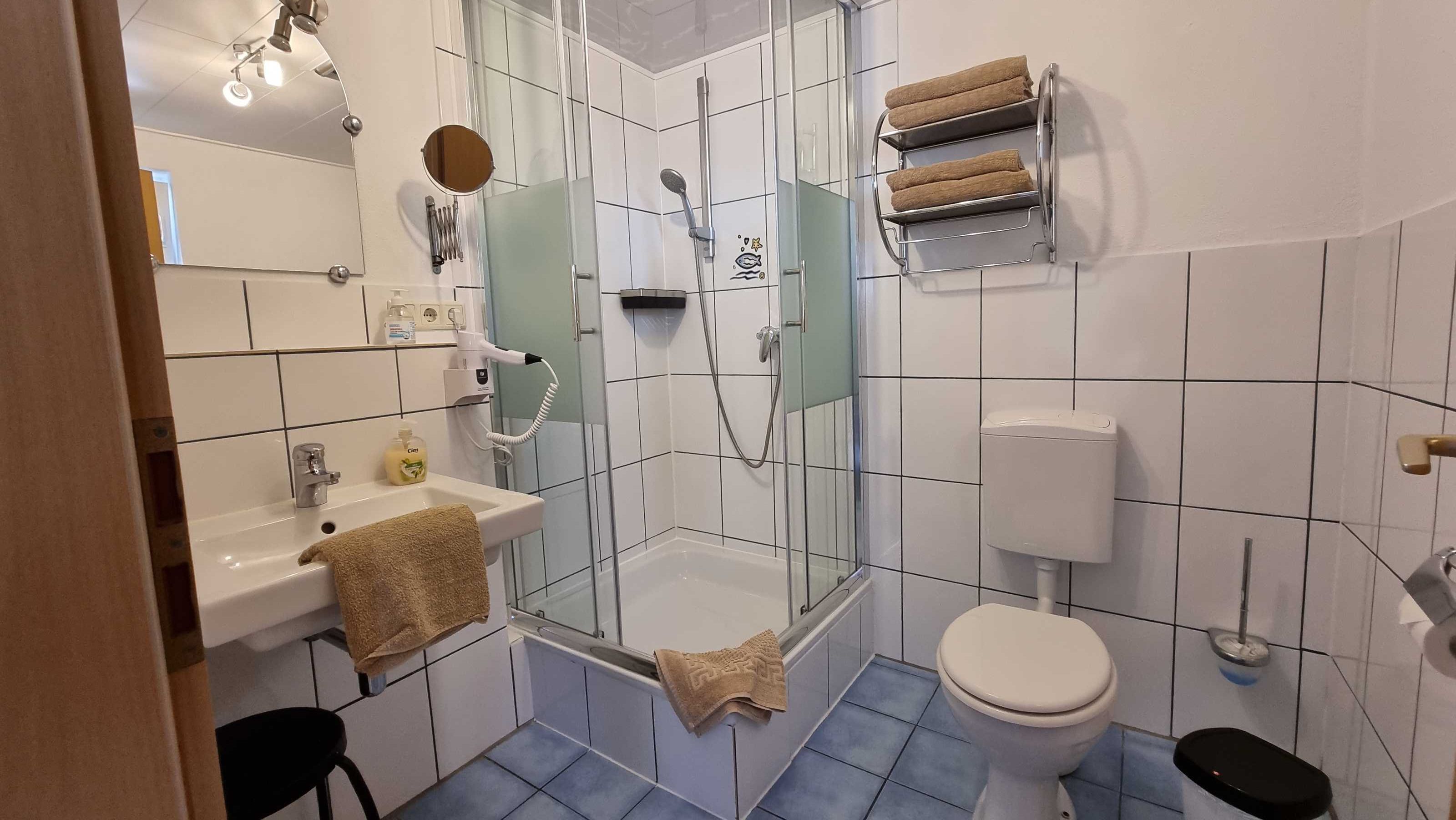Ein Badezimmer mit einer Duschkabine, einem Waschbecken mit Handtuch und einer Toilette.