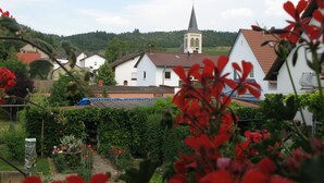 A rural village with a church, houses, and a garden.