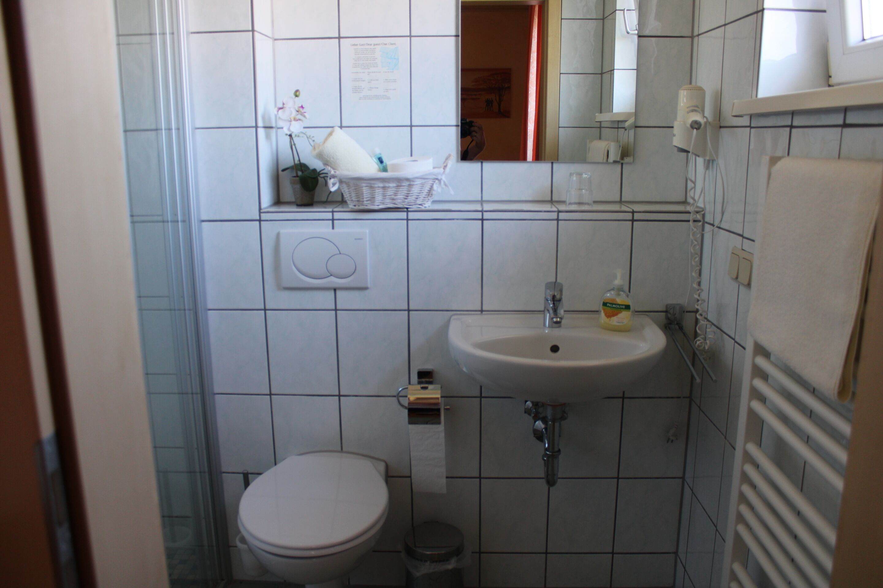 Un bagno piccolo e funzionale, con il water, il lavandino e uno specchio sopra al lavandino.