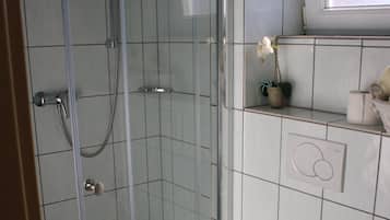 Kylpyhuoneessa on lasiseinällä varustettu suihku, wc ja pieni ruukkukasvi seinällä.