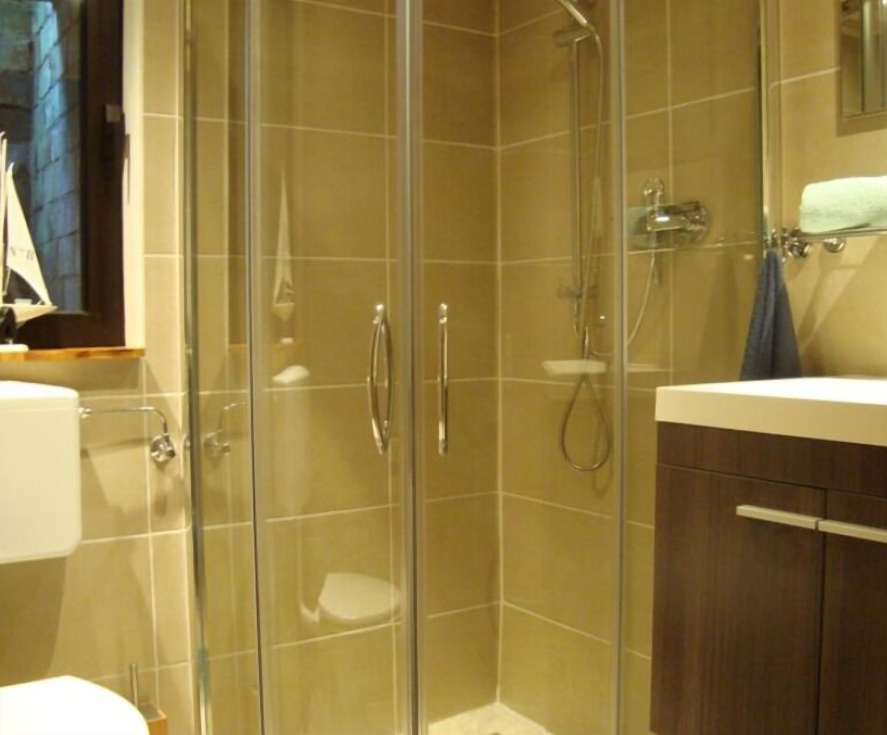 Une cabine de douche fermée par des parois en verre, équipée d’un pommeau de douche à main et d’un robinet à main.