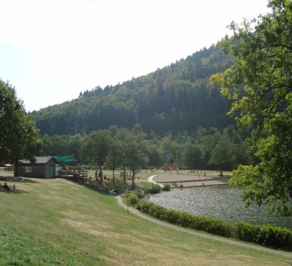 A lakeside park with a small building, walking paths, and a forested hill in the background. - Ferienhaus Constanza (Winterberg)
