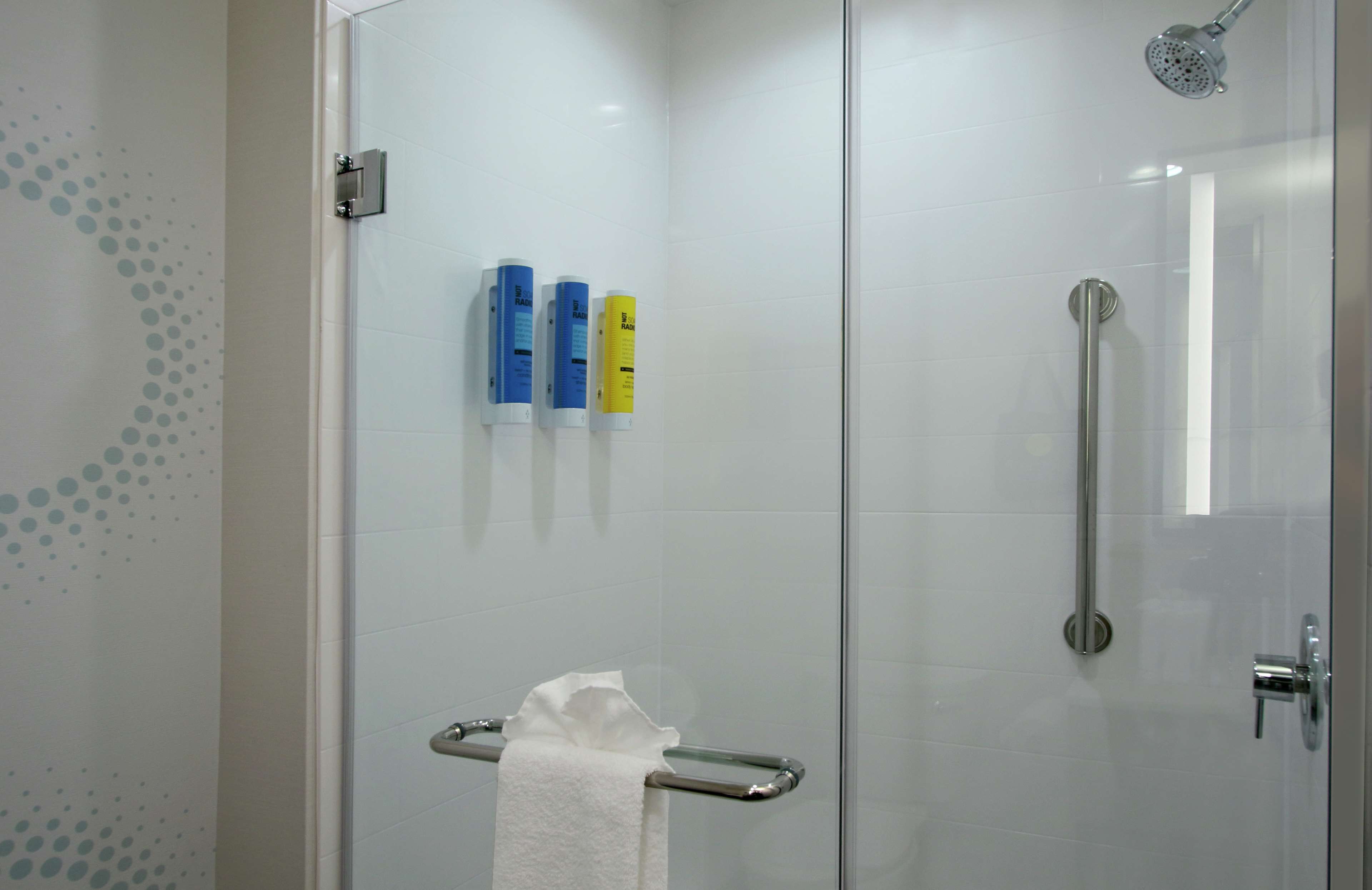 A modern bathroom with a glass shower enclosure, a towel rack with a white towel, and two toiletries on the wall.