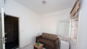 A small, modern room with a brown sofa, a small wooden table with a green object, a white refrigerator, and a large mirror on the wall. - Metin's Gumusluk (Bodrum)