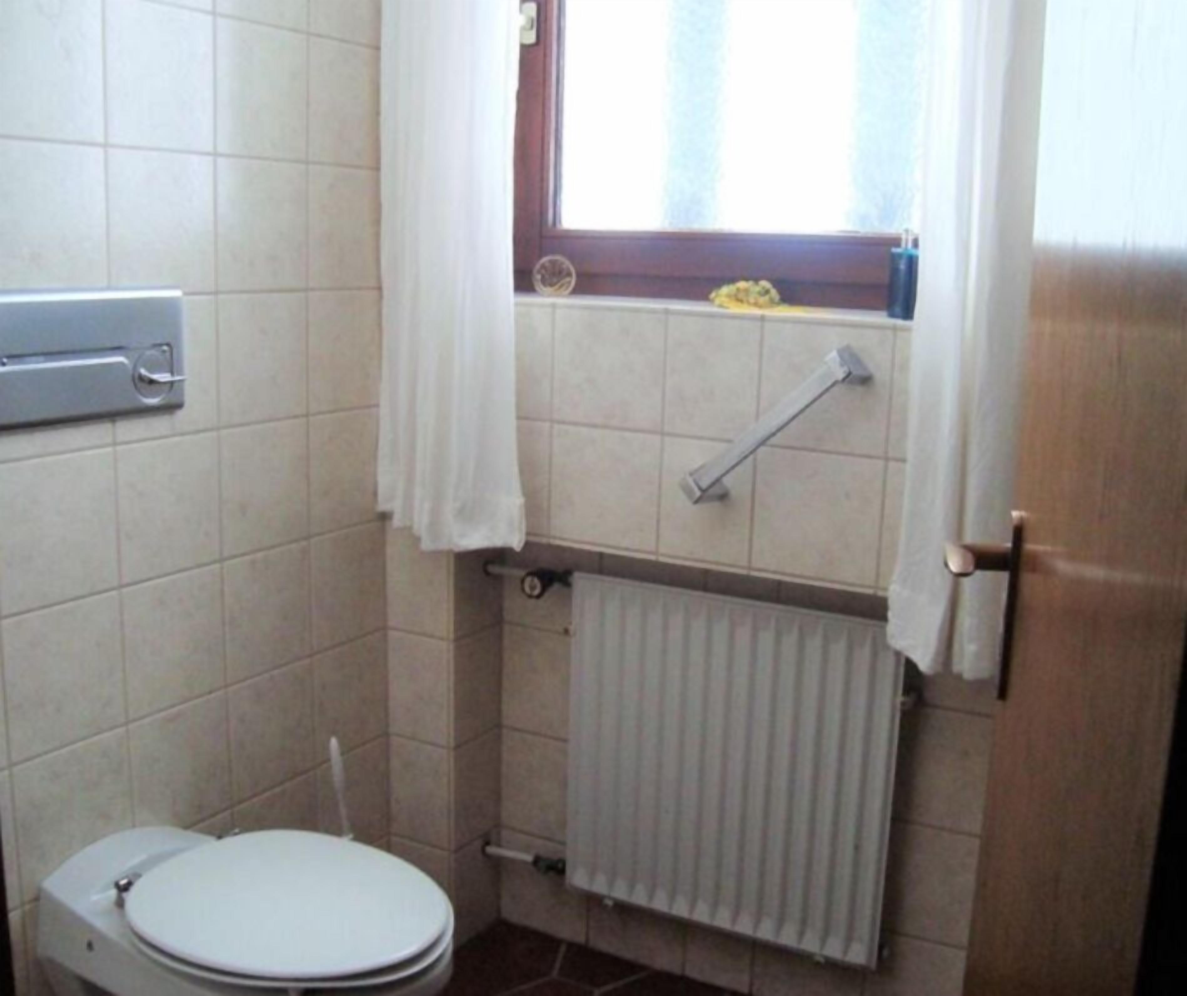 A small bathroom with a toilet, a radiator, a window with a curtain, and a towel rack.