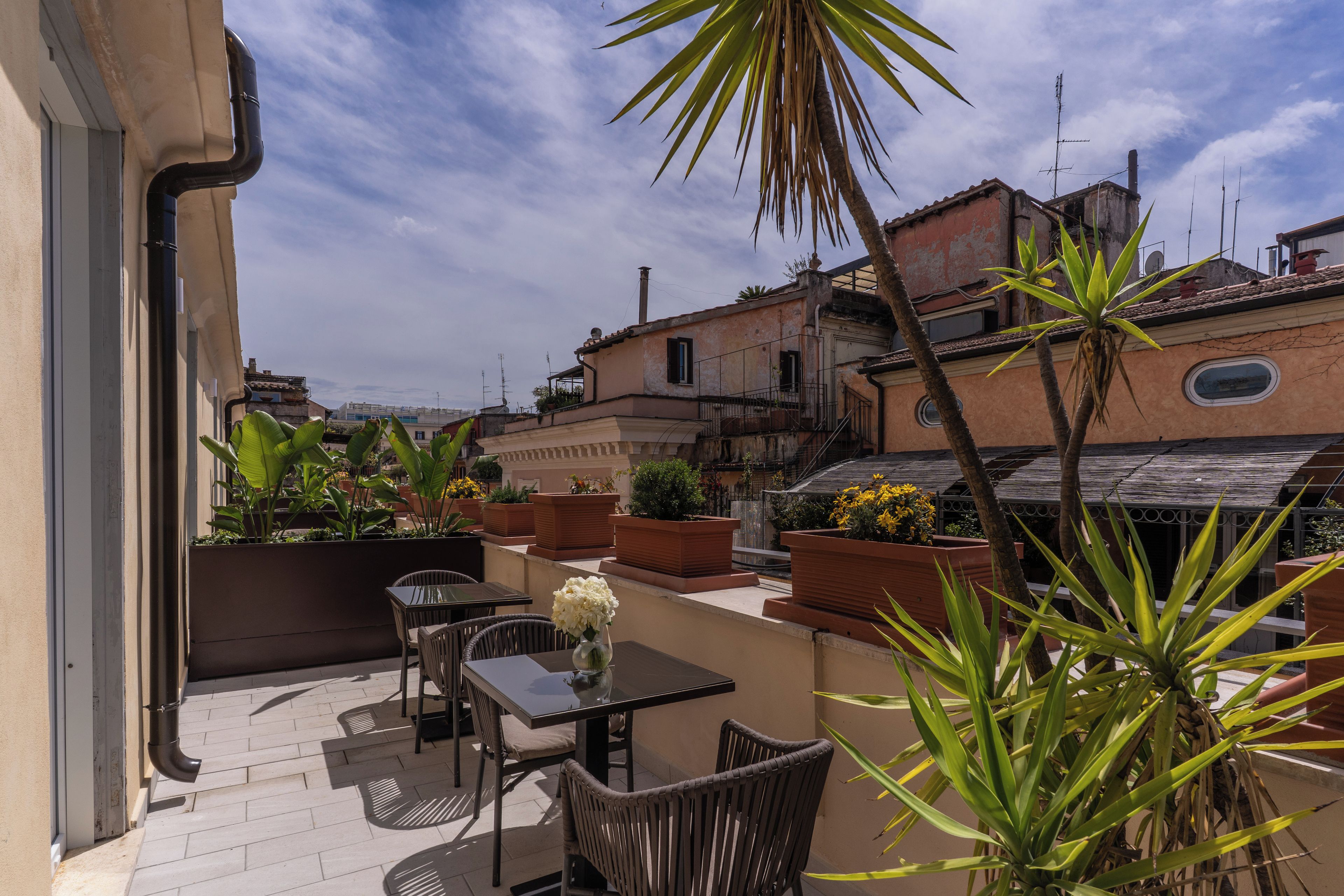 An outdoor patio with a table and chairs, surrounded by potted plants and a palm tree.