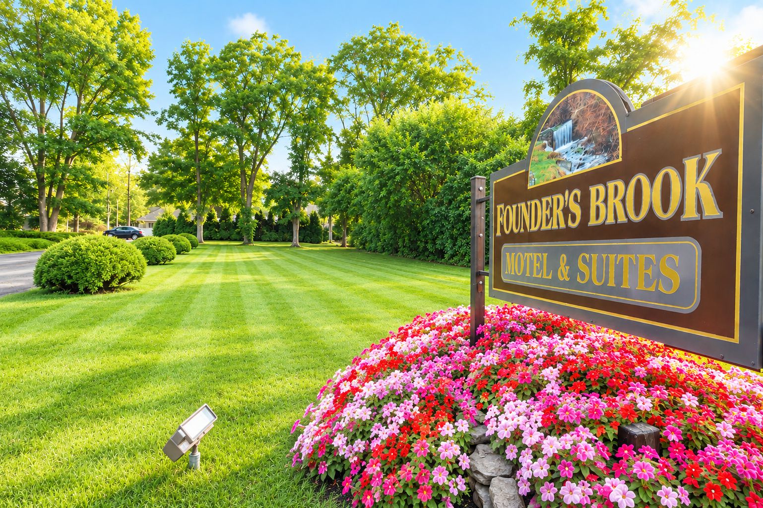 Placa do Founder's Brook Motel & Suites com um jardim paisagístico à frente.