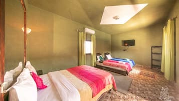 Habitación de hotel con dos camas, televisión y ventilador de techo.