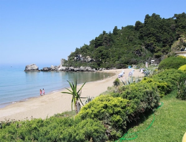 On the beach, sun-loungers, beach umbrellas
