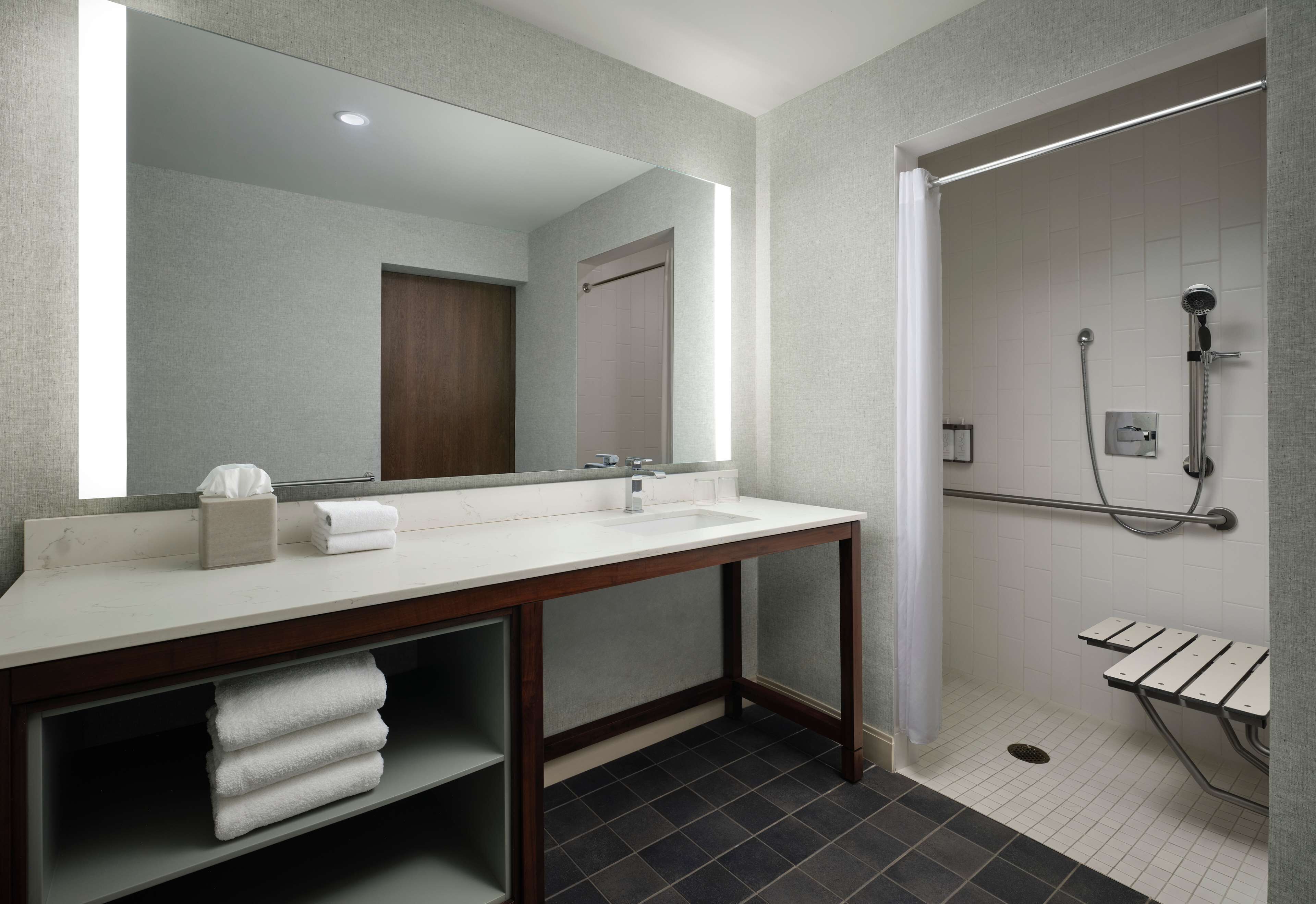 A modern bathroom with a large mirror, two sinks, a shower with a grab bar, and a towel rack.