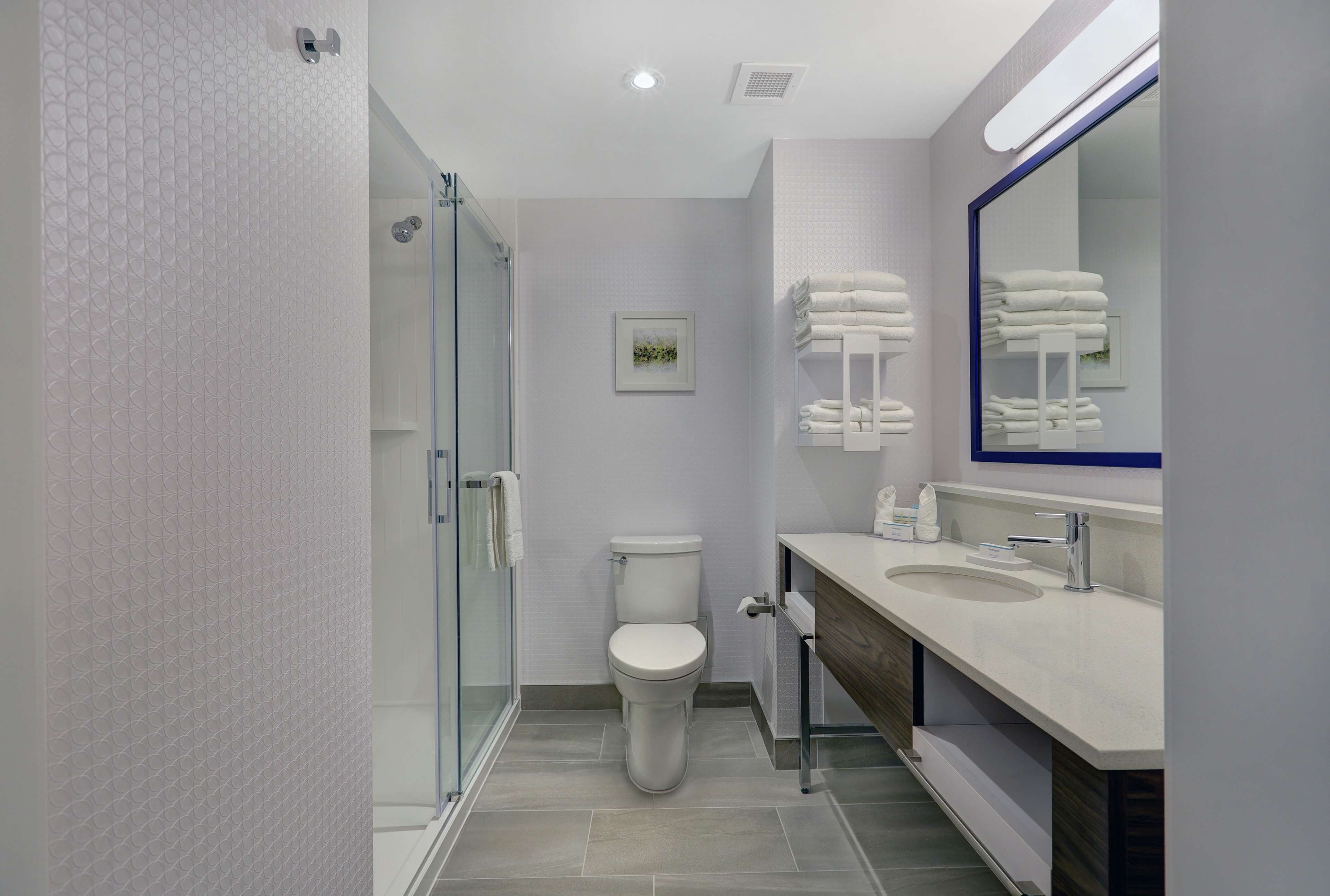 room, 2 queen beds, refrigerator | bathroom shower